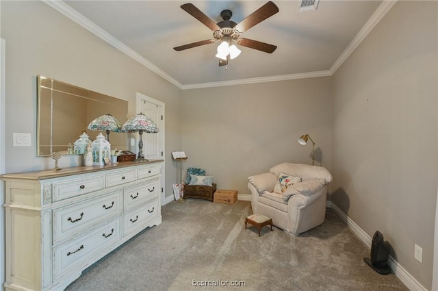 living area featuring light colored carpet, ceiling fan, and crown molding