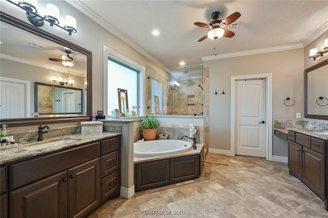 bathroom featuring plus walk in shower, vanity, ceiling fan, and crown molding