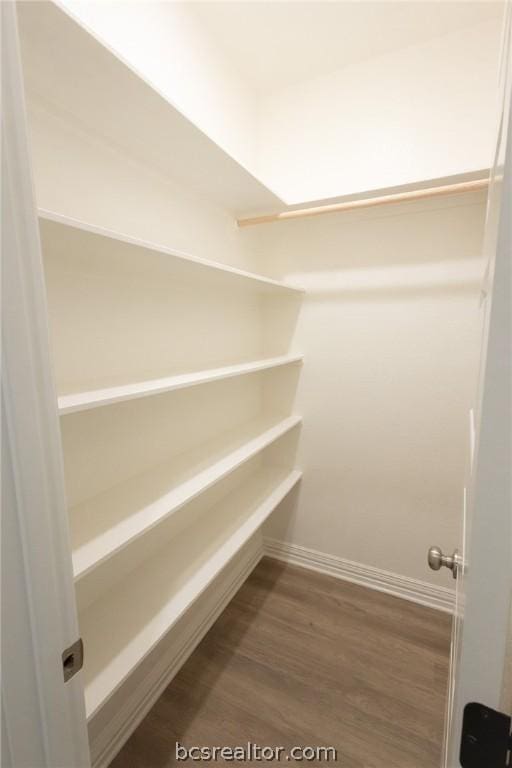 walk in closet with dark hardwood / wood-style flooring