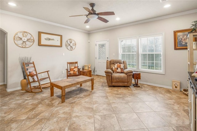 sitting room featuring ornamental molding, light tile patterned flooring, and ceiling fan