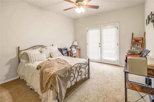 bedroom with ceiling fan, carpet flooring, and access to outside