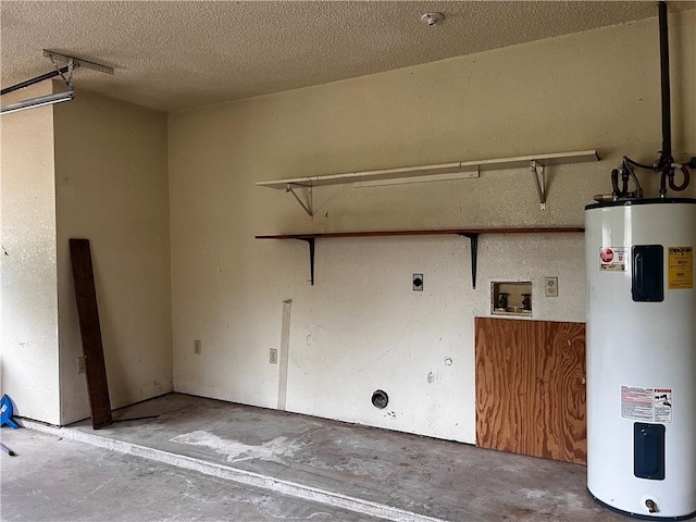 laundry area with hookup for an electric dryer, washer hookup, electric water heater, and a textured ceiling