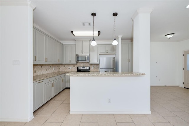 kitchen with visible vents, light stone counters, tasteful backsplash, stainless steel appliances, and light tile patterned floors