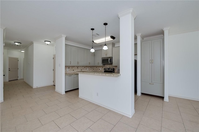 kitchen featuring stainless steel microwave, crown molding, decorative backsplash, gray cabinets, and electric range