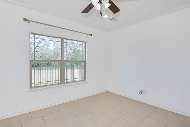 unfurnished room featuring visible vents, crown molding, baseboards, recessed lighting, and a ceiling fan