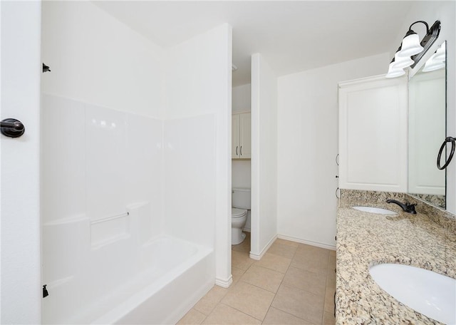 bathroom featuring a sink, toilet, double vanity, and tile patterned flooring