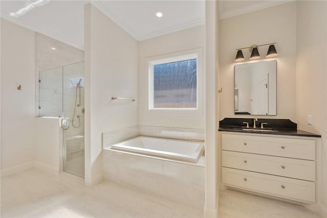 bathroom featuring crown molding, tile patterned floors, vanity, and shower with separate bathtub