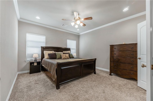 2609 Kimbolton Dr, College Station, TX 77845 - bedroom featuring light colored carpet, baseboards, crown molding, a ceiling fan, and recessed lighting