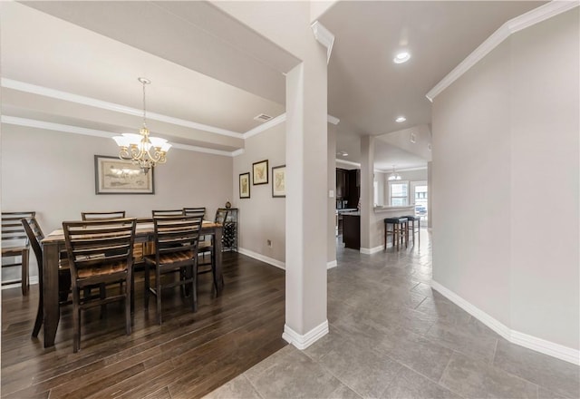 2609 Kimbolton Dr, College Station, TX 77845 - dining area with crown molding, baseboards, a chandelier, and recessed lighting