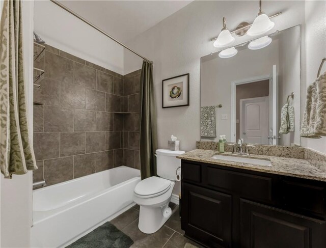 2609 Kimbolton Dr, College Station, TX 77845 - bathroom featuring tile patterned floors, vanity, shower / bathtub combination with curtain, and toilet