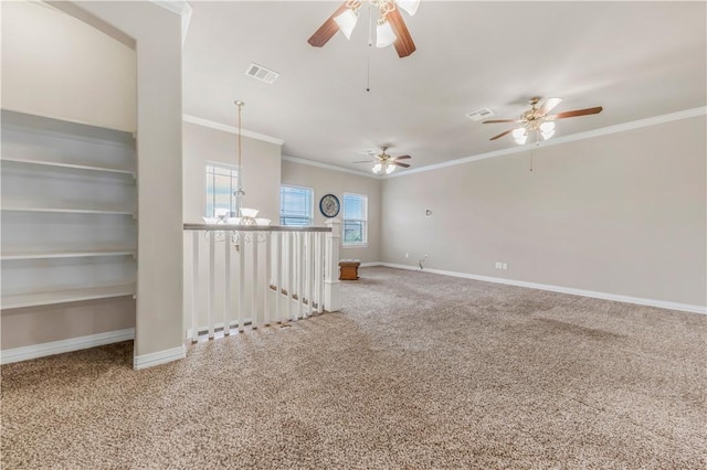 2609 Kimbolton Dr, College Station, TX 77845 - spare room with ceiling fan, carpet flooring, crown molding, and baseboards