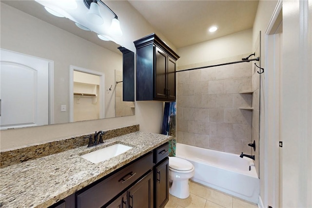 full bath with toilet, tile patterned flooring, tub / shower combination, vanity, and recessed lighting