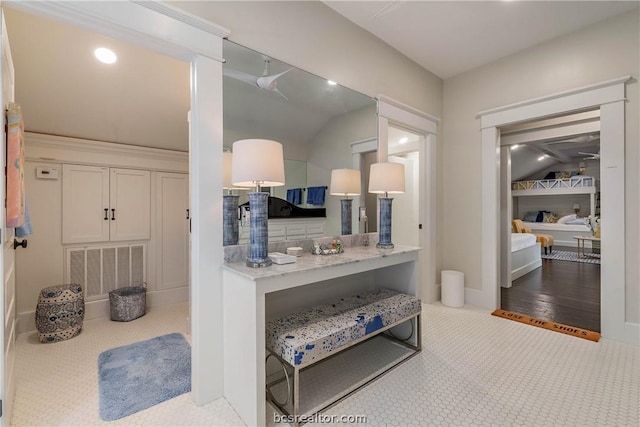 bathroom featuring wood-type flooring and vaulted ceiling