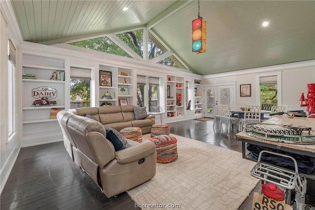 living room featuring built in features, dark hardwood / wood-style flooring, high vaulted ceiling, and french doors