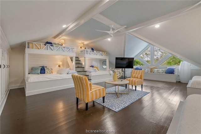 bedroom featuring lofted ceiling with beams, ceiling fan, and dark hardwood / wood-style flooring