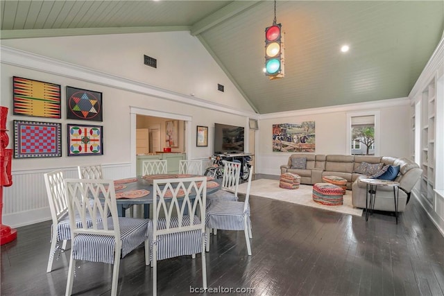 dining space featuring beam ceiling, high vaulted ceiling, and dark wood-type flooring