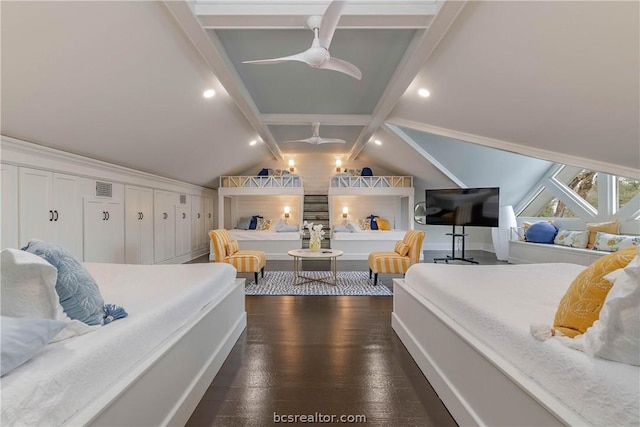 bedroom featuring lofted ceiling with beams, ceiling fan, and dark wood-type flooring