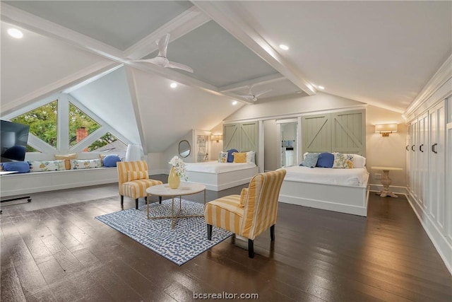 bedroom with lofted ceiling with beams, ceiling fan, and dark hardwood / wood-style flooring