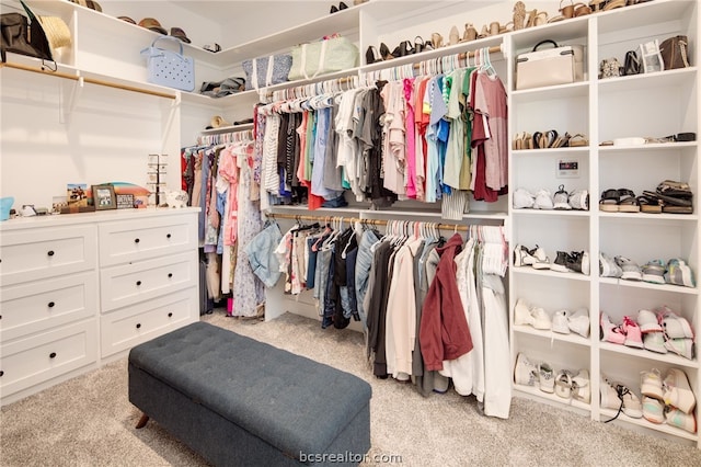 walk in closet with light colored carpet