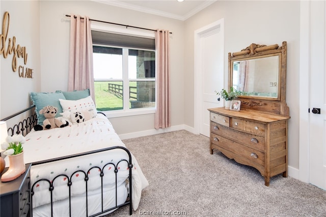 bedroom featuring light colored carpet and crown molding