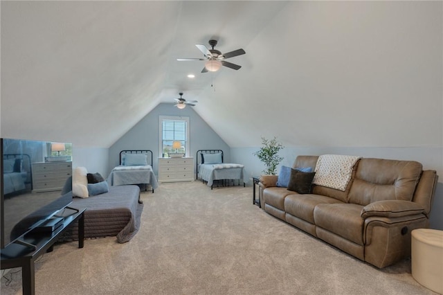 5026 Yellow Tanager Ct, College Station, TX 77845 - living area featuring carpet flooring, ceiling fan, and lofted ceiling