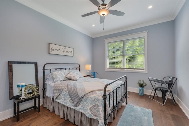 5026 Yellow Tanager Ct, College Station, TX 77845 - bedroom featuring crown molding, baseboards, wood finished floors, a ceiling fan, and recessed lighting