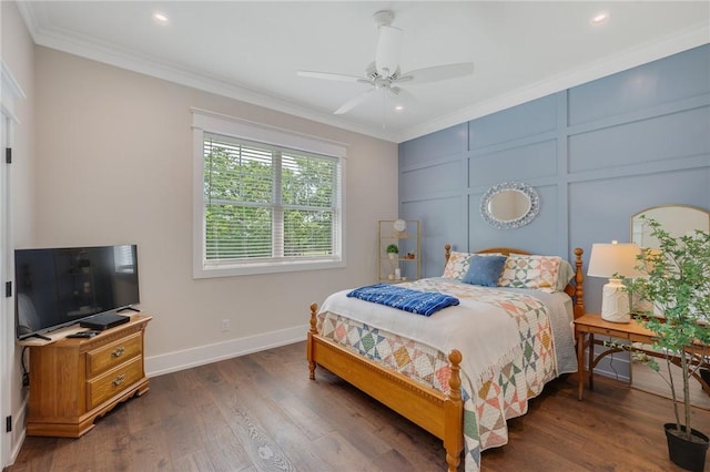 5026 Yellow Tanager Ct, College Station, TX 77845 - bedroom featuring crown molding, dark wood-type flooring, baseboards, recessed lighting, and a ceiling fan