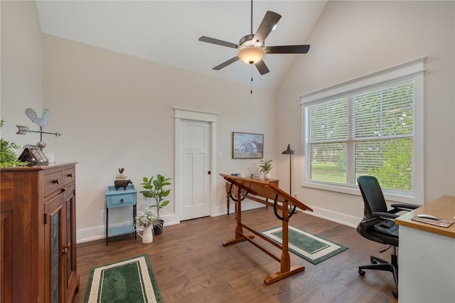 5026 Yellow Tanager Ct, College Station, TX 77845 - home office featuring dark wood-style flooring, a ceiling fan, baseboards, and high vaulted ceiling