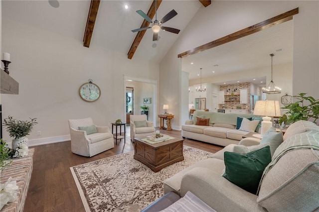 5026 Yellow Tanager Ct, College Station, TX 77845 - living area featuring a chandelier, a ceiling fan, wood finished floors, beamed ceiling, and high vaulted ceiling