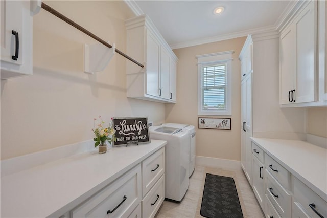 5026 Yellow Tanager Ct, College Station, TX 77845 - laundry area with cabinet space, washer and clothes dryer, baseboards, ornamental molding, and recessed lighting