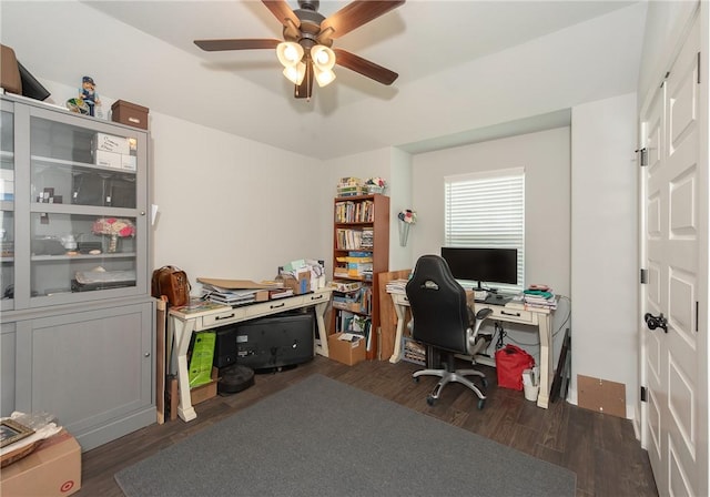 office space with ceiling fan and dark hardwood / wood-style floors