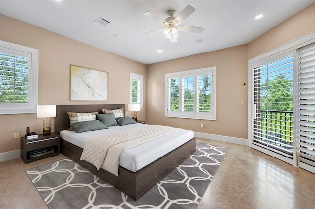 4727 Johnson Creek Loop, College Station, TX 77845 - bedroom featuring access to exterior, multiple windows, baseboards, recessed lighting, and ceiling fan