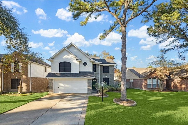 view of front of home with solar panels, a garage, and a front yard