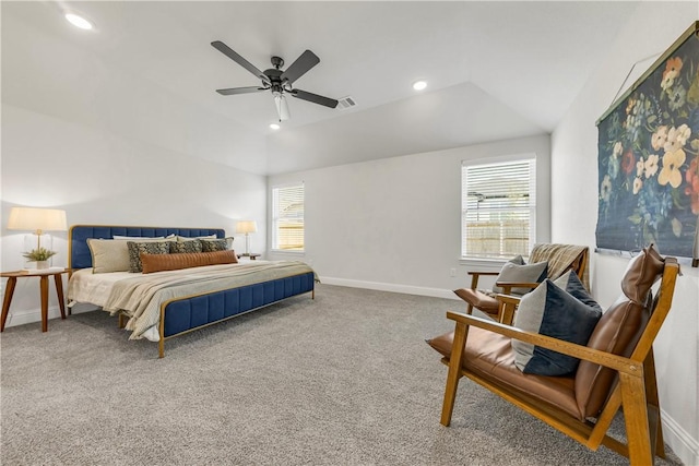 carpeted bedroom featuring vaulted ceiling and ceiling fan