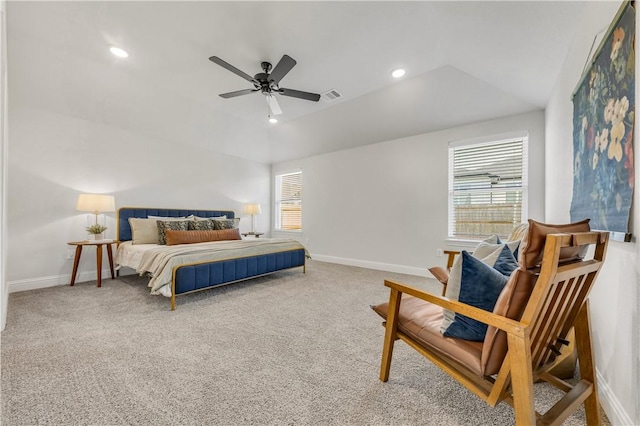 carpeted bedroom featuring ceiling fan and lofted ceiling