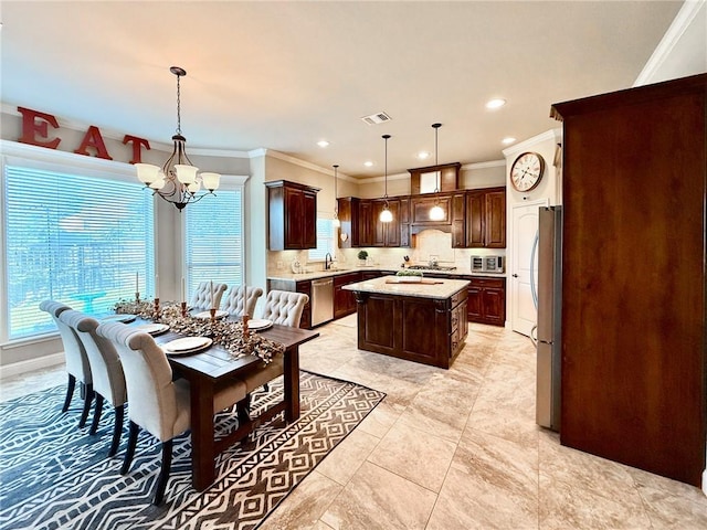 3204 Ashville Path, Bryan, TX 77808 - dining room featuring ornamental molding, a chandelier, plenty of natural light, and recessed lighting