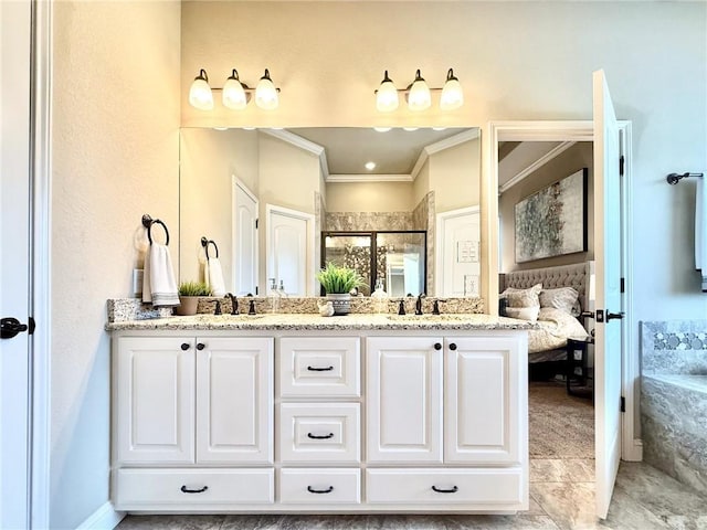 3204 Ashville Path, Bryan, TX 77808 - bathroom with connected bathroom, double vanity, ornamental molding, a shower stall, and tile patterned floors
