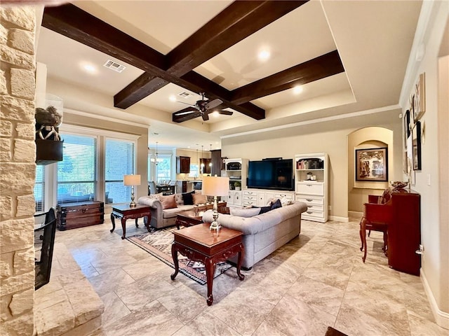 3204 Ashville Path, Bryan, TX 77808 - living area with coffered ceiling, a ceiling fan, beamed ceiling, and arched walkways