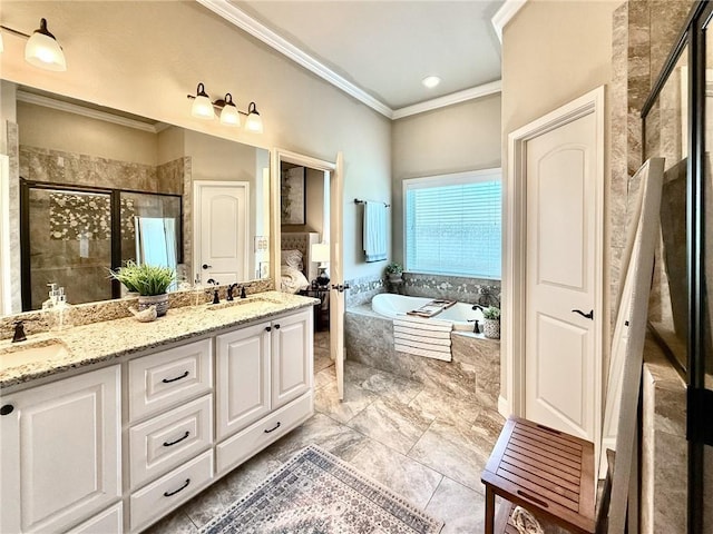3204 Ashville Path, Bryan, TX 77808 - bathroom featuring crown molding, a garden tub, a shower stall, double vanity, and marble finish floors