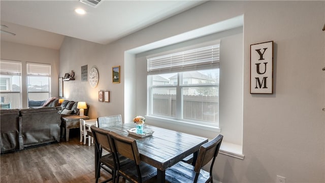 dining room featuring visible vents, recessed lighting, and wood finished floors