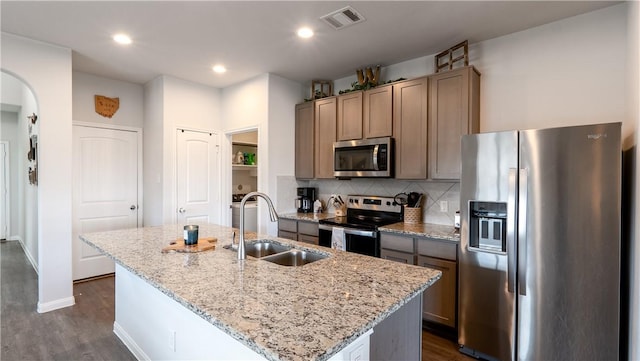 kitchen with visible vents, a kitchen island with sink, a sink, tasteful backsplash, and stainless steel appliances