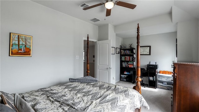 bedroom featuring visible vents, a ceiling fan, and carpet