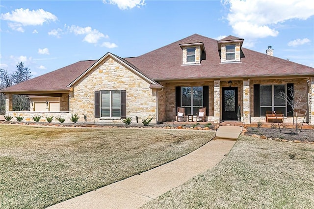 view of front of property featuring covered porch, stone siding, a front lawn, and roof with shingles