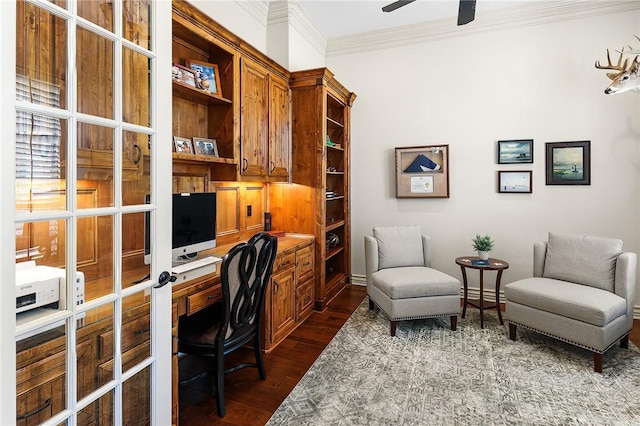 office area featuring ornamental molding, dark wood-style flooring, french doors, and a ceiling fan