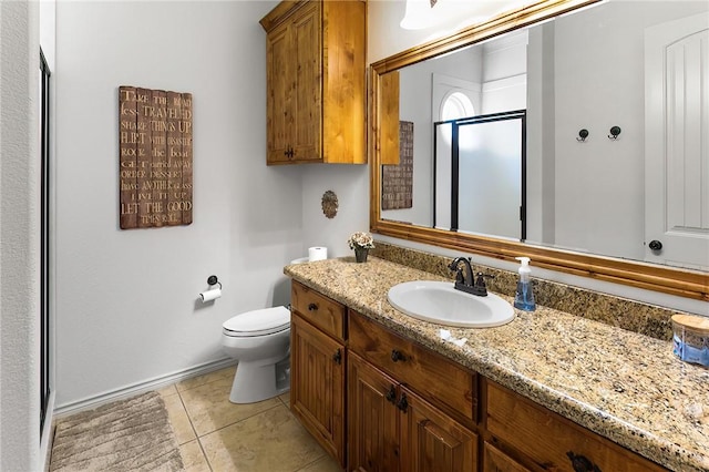 full bathroom featuring tile patterned flooring, toilet, a shower stall, and vanity