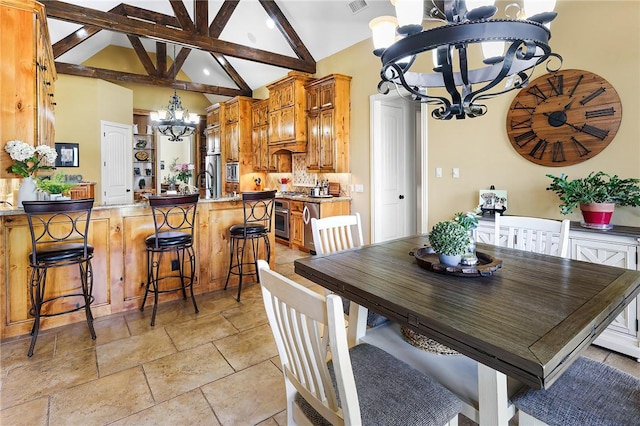 dining room featuring a chandelier, beam ceiling, visible vents, and high vaulted ceiling