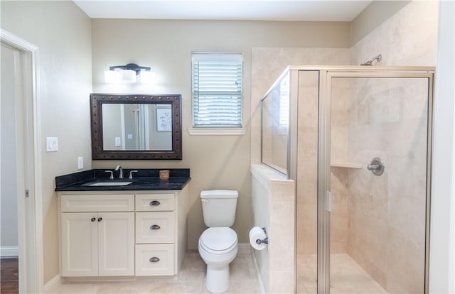3089 Peterson Cir, Bryan, TX 77802 - full bathroom with a shower stall, toilet, vanity, and baseboards