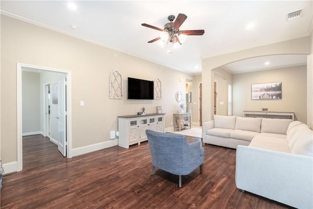 3089 Peterson Cir, Bryan, TX 77802 - living area with ceiling fan, dark wood-style flooring, arched walkways, baseboards, and recessed lighting