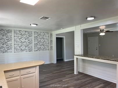 kitchen with white cabinets, dark hardwood / wood-style floors, and ceiling fan