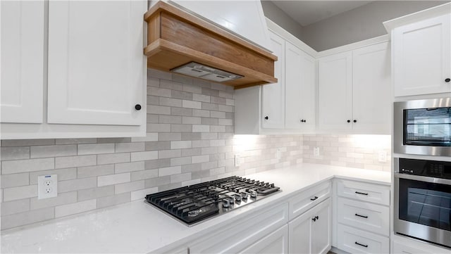 kitchen with decorative backsplash, premium range hood, white cabinets, and appliances with stainless steel finishes